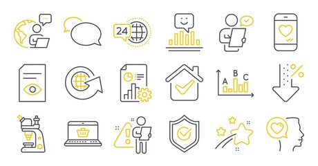 Set of Technology icons, such as View document, World globe, Romantic talk symbols. Survey results, Smile, Customer survey signs. Low percent, Report, Love chat. Microscope, 24h service. Vector