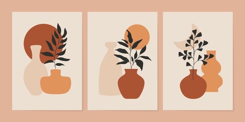 Abstract botanical poster set. Contemporary nature background set bohemian aesthetic, boho minimalist wall decor. Vector illustration © Yelyzaveta