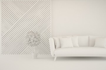 White minimalist living room with sofa. Scandinavian interior design. 3D illustration
