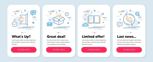 Set of Technology icons, such as Sign out, Book, Open box symbols. Mobile app mockup banners. Call center line icons. Logout, E-learning course, Delivery package. Recall. Sign out icons. Vector