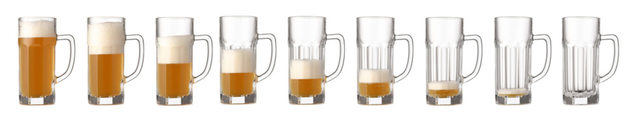 Mugs with different amount of beer on white background