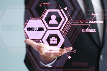 Business consultant using virtual screen on light background