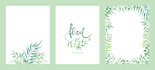Green leaves --  set of templates for invitations. Three Vector illustration, background with design element in watercolor style.