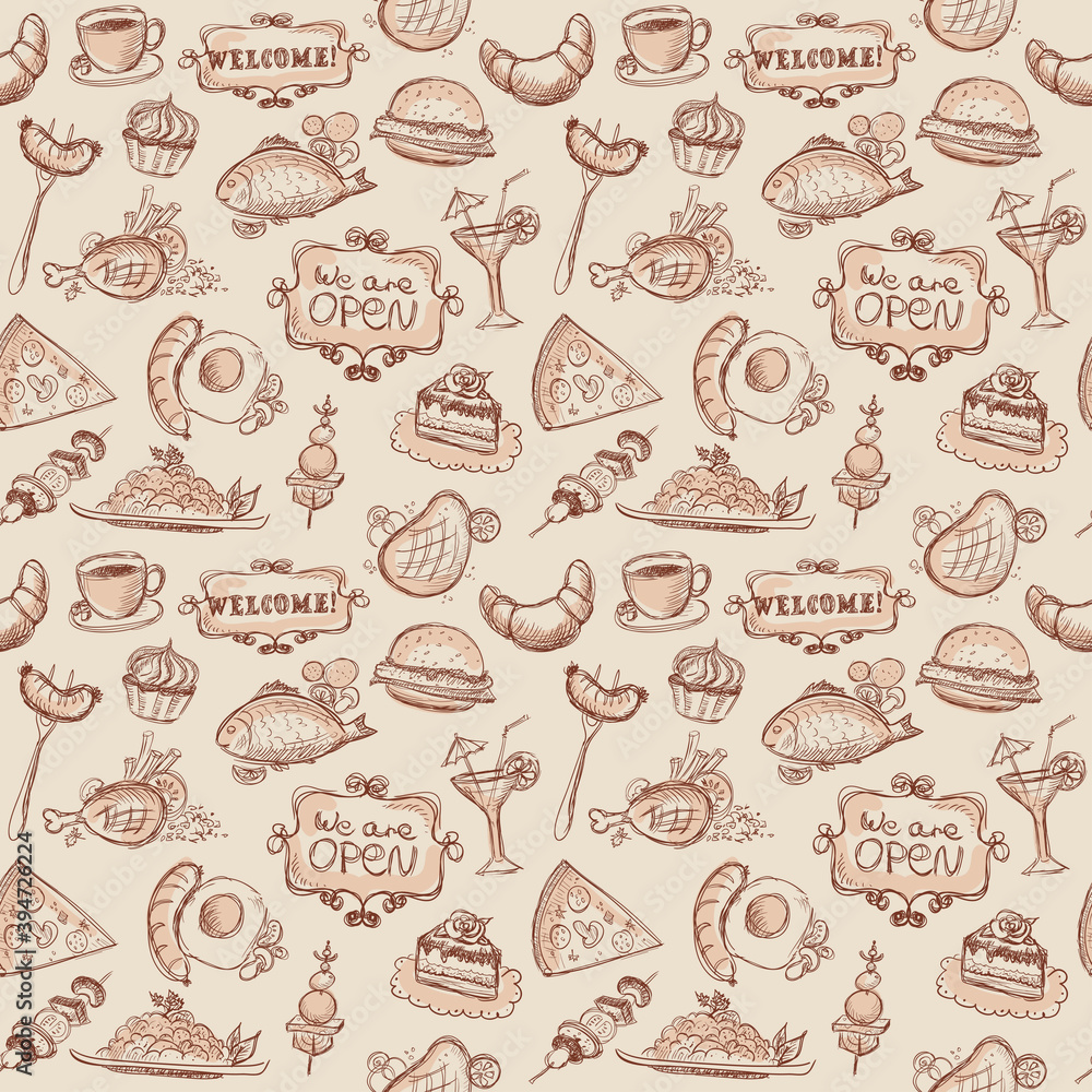 Sticker Breakfast food seamless pattern, hand drawn sketch food symbols