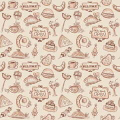 Breakfast food seamless pattern, hand drawn sketch food symbols