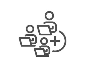 Add team line icon. Teamwork sign. Remote team employees symbol. Quality design element. Linear style add team icon. Editable stroke. Vector