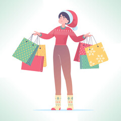 New Year sale or Christmas shopping concept. Woman dressed in santa hat and ugly sweater holding shopping bags in both hands, vector illustration