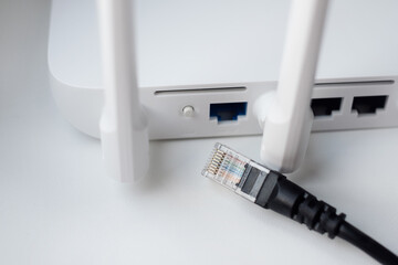 ethernet cable and ports in the router - obrazy, fototapety, plakaty