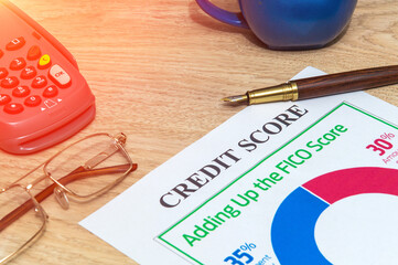 Credit score form on office desk with elegant pen and payment terminal. Business idea