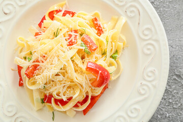 Plate with tasty pasta primavera, closeup