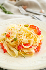 Plate with tasty pasta primavera, closeup