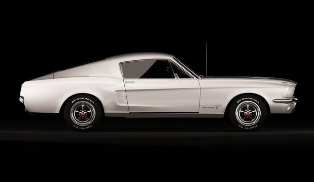 Almaty, Kazakhstan - March 15, 2020: Ford mustang 1967 retro sports car coupe on black background. 3d render