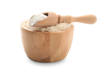 Bowl with rice and scoop with flour on white background