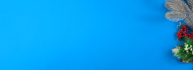 Simple concept banner with green fir sprig on blue background