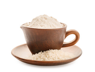Cup with rice flour on white background
