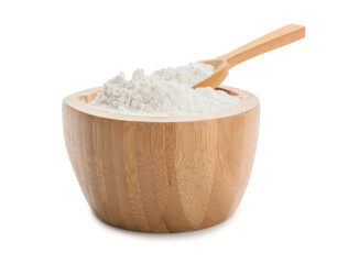 Fototapeta na wymiar Bowl with rice flour on white background