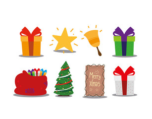 merry christmas gifts tree star bell and bag celebration decoration icons