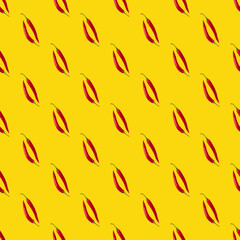 Seamless pattern made of isolated two red chili peppers on yellow background. Top view. Food flatlay.