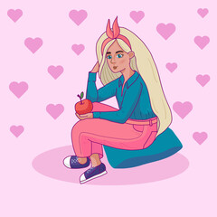 Creative young woman illustration. Trendy hand-drawn illustration. the girl is sitting on a pillow with an Apple in her hand. vegetarianism, veganism, healthy food, healthy snacks.