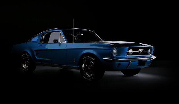 Almaty, Kazakhstan - March 15, 2020: Ford mustang 1967 retro sports car coupe on black background. 3d render