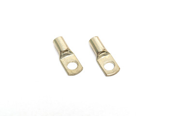 Two steel cable lugs on an isolated white background