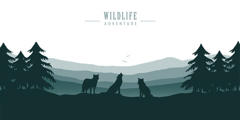 wolf pack on blue forest landscape with mountain view vector illustration EPS10