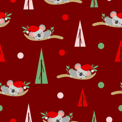 Seamless pattern with koala babies in red Christmas hats sleeping on eucalyptus. Fir trees. Maroon background. Pink, red and green round confetti. Post cards, textile, wallpaper and wrapping paper