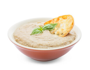 Bowl of tasty cream soup on white background
