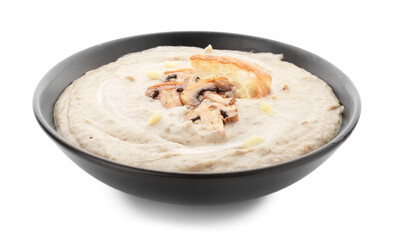 Plate of tasty mushroom cream soup on white background