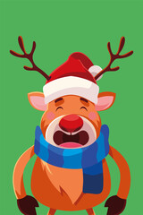 merry christmas cute reindeer with scarf and hat cartoon