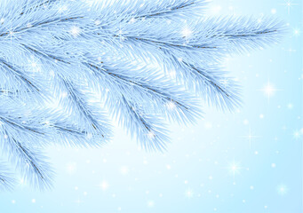 Christmas greeting card with snowy frozen tree (pine branch in winter), snowflakes, stars on blue background. Blank holiday gift card useful as gift certificate, Gift voucher