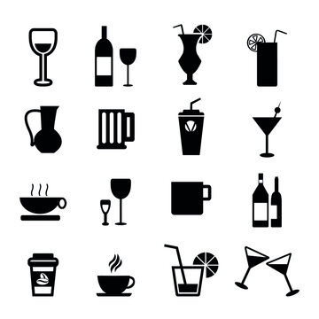 Vector image. Collection of nice buttons of different drinks.