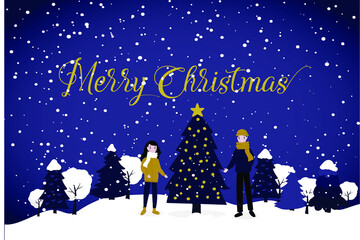 Naklejka premium Young couple on the winter landscape with a Christmas tree. Vector illustration in flat style. Navy and gold colors. EPS 10