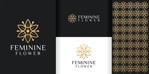 Fototapeta na wymiar Inspirational Feminine Line Leaf Flower Logo and Pattern set