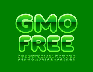 Vector product sign GMO Free. Green modern Font. Glossy Alphabet Letters and Numbers set