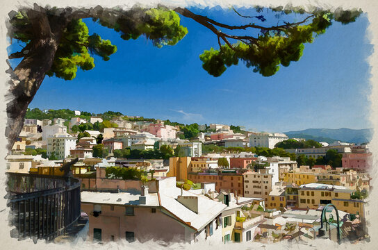 Watercolor drawing of Top aerial panoramic view from above of old historical centre quarter districts of european city Genoa Genova