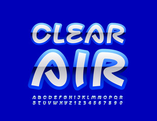 Vector eco sign Clean Air. Glossy creative Font. Blue and White Alphabet Letters and Numbers set