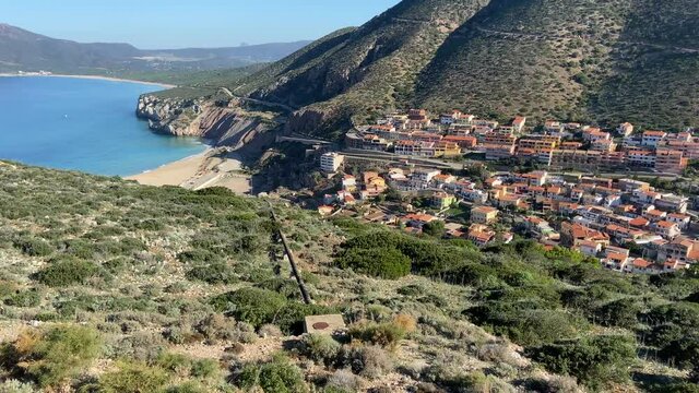 Panoramic view of the seaside village of Buggerru, in Sardinia, Italy
