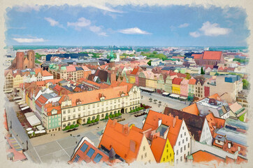 Fototapeta na wymiar Watercolor drawing of Top aerial panoramic view of old historical city centre of Wroclaw