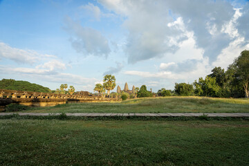 Wide angle landscape of Angkor wat temple in sunny day in Cambodia