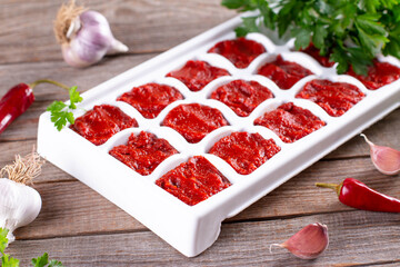 Frozen tomato paste in the plastic shape on wooden background. Life hacks, simple way to store vegetables