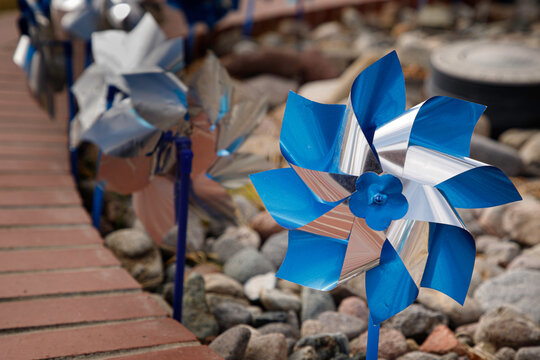 Blue and White Pinwheel Display for Child Abuse Prevention