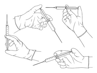 Doctor or scientist hands in latex gloves. Hands in sterile gloves holding syringe. Vector illustration - 394734233