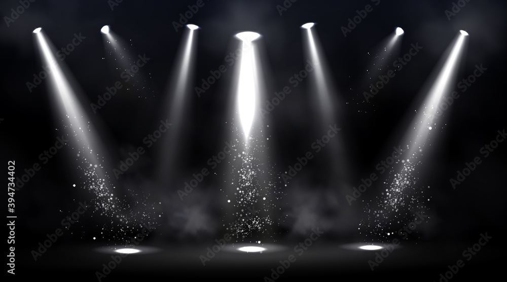 Poster stage illuminated by spotlights. empty scene with spot of light on floor. vector realistic illustrat