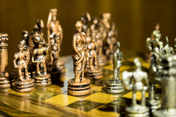 Classic Roman chess with bronze and silver pieces