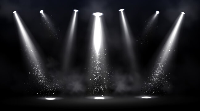 Stage illuminated by spotlights. Empty scene with spot of light on floor. Vector realistic illustration of studio, theater or club interior with beams of lamps, smoke and glowing particles