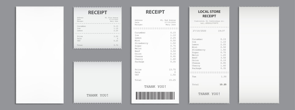 Shop receipts, paper cash checks with barcode. Vector realistic set of purchase bills, blank and printed invoices on white paper. Shopping cheques isolated on gray background