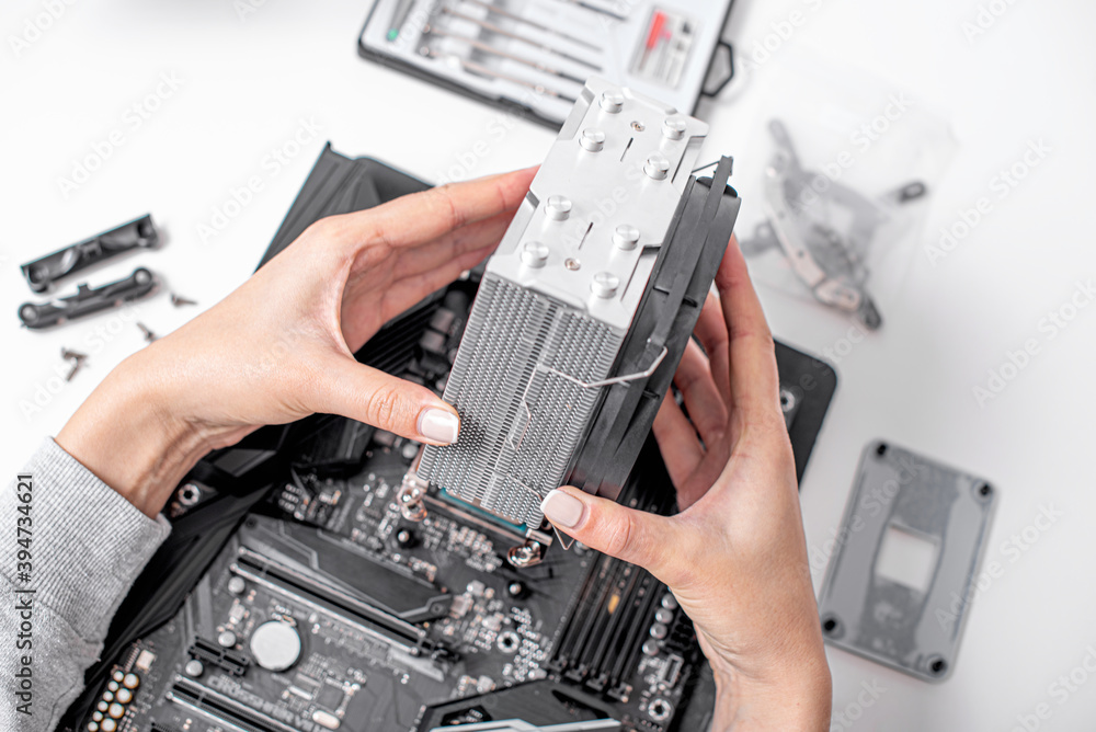 Poster installing or repair the air cooling system of the personal computer processor.
