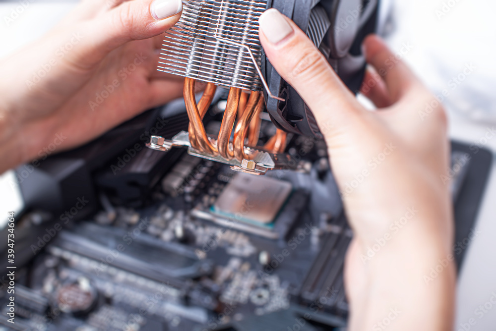 Poster installing or repair the air cooling system of the personal computer processor.