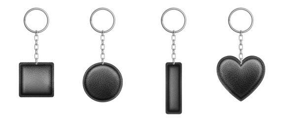 Black leather keychain different shapes with metal chain and ring. Vector realistic set of holder trinket, fob for car, home or office keys isolated on white background